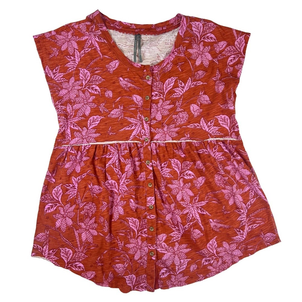 Anthropologie Floral Bird Print Peplum Button‎ Down Top Rust Pink Cotton Small